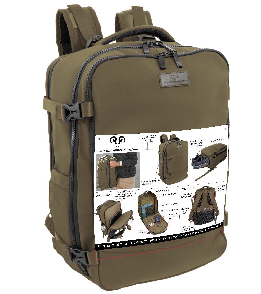 Jack Abrahams The Diego 19-In Nylon Travel Backpack with Shoe Compartment