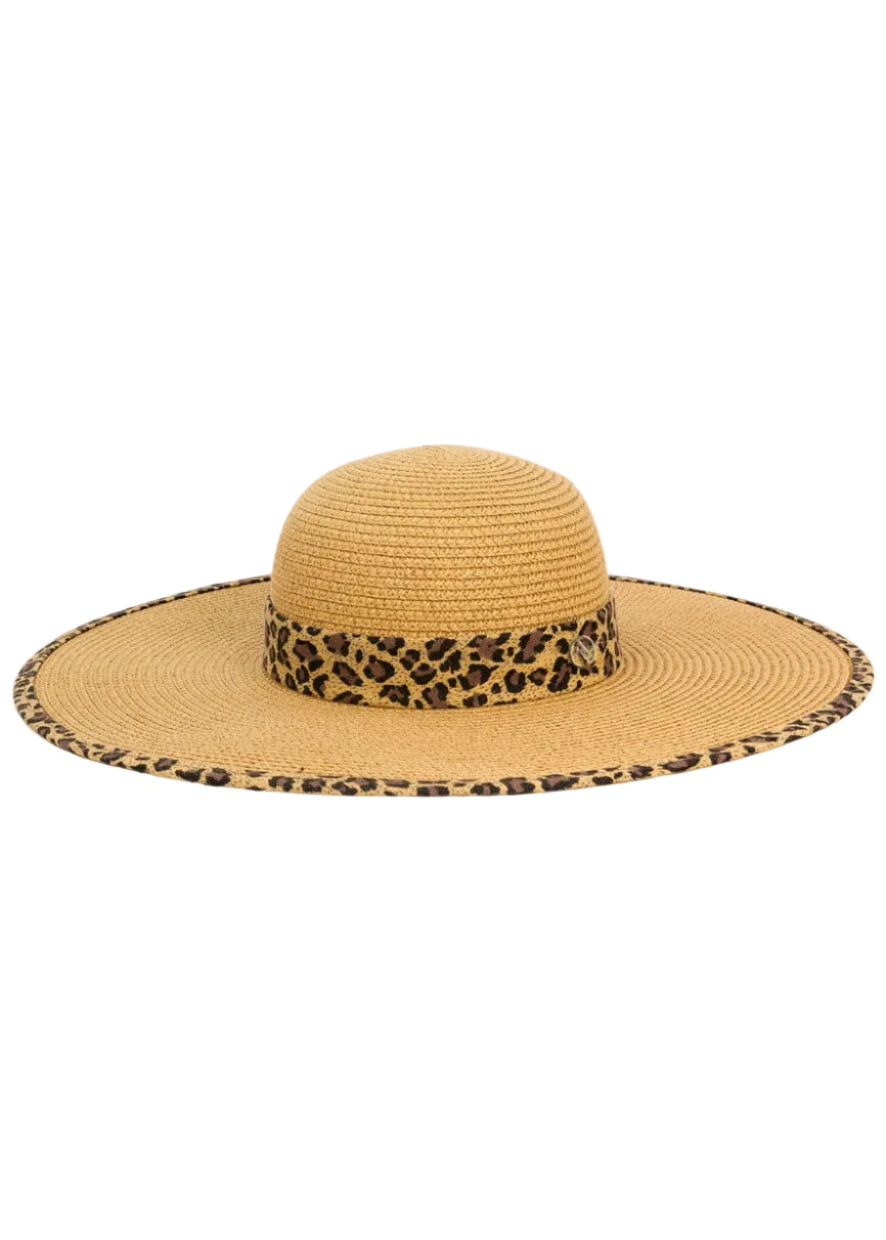 Adrienne Vittadini Leopard Print Trim Straw Floppy