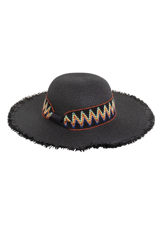 Magid Printed Ribbon & Frayed Brim Straw Floppy Hat