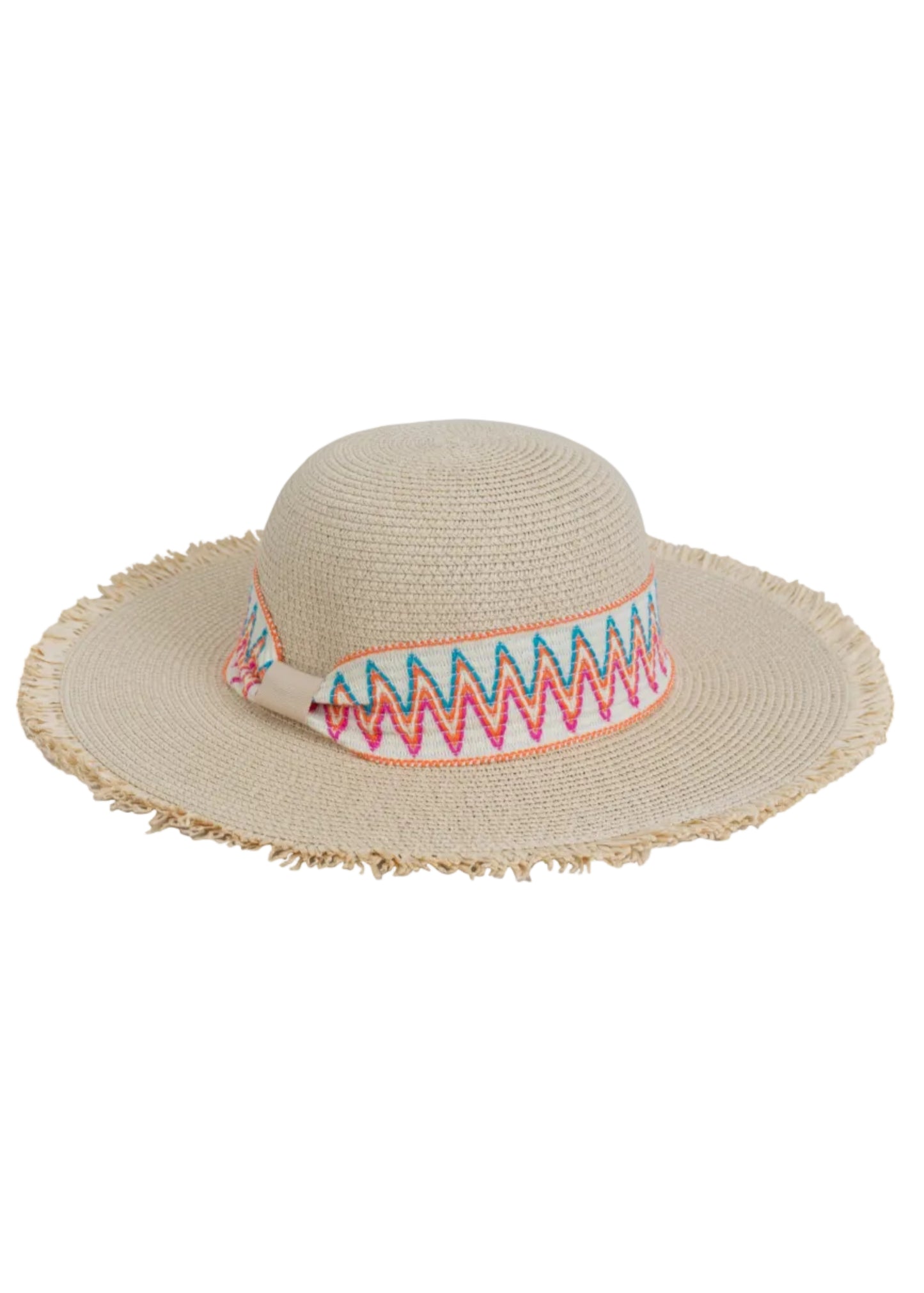 Magid Printed Ribbon & Frayed Brim Straw Floppy Hat