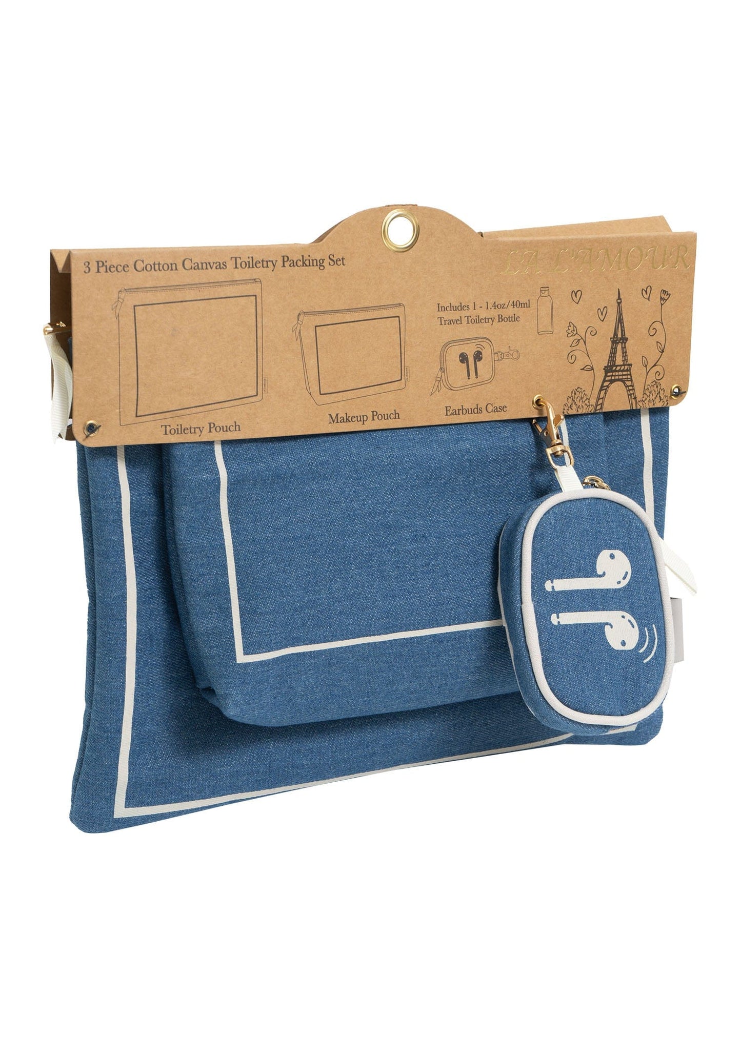 La L'Amour 16oz Cotton Canvas 3 Piece Toiletry Packing Set With Earbuds Case