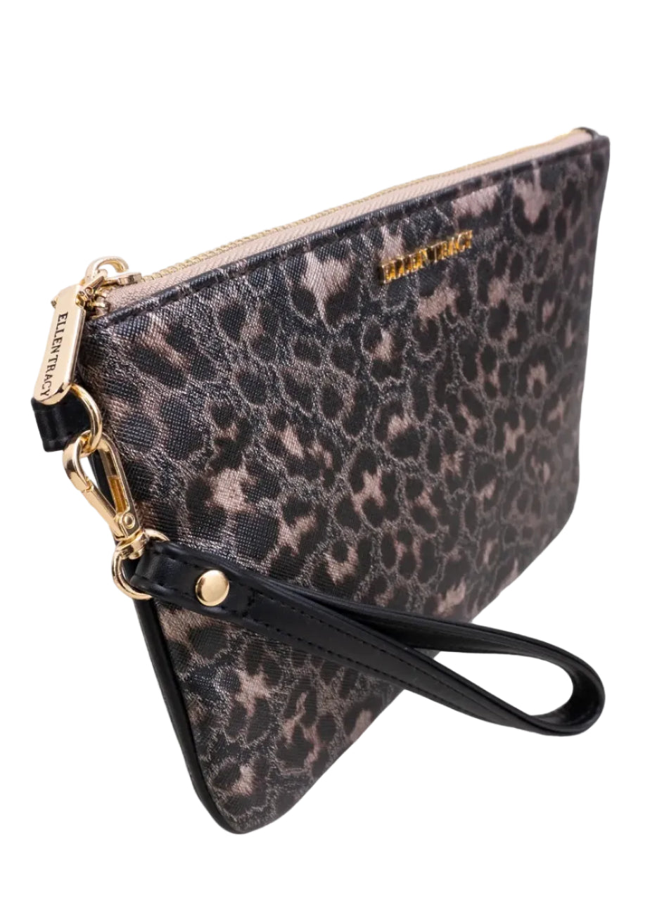 Ellen Tracy Metallic Leopard Faux Leather Print Wristlet