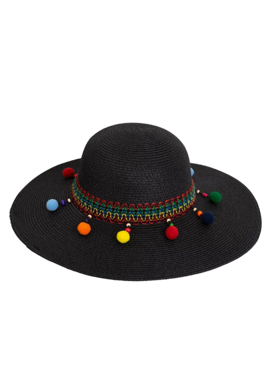 Magid Pom Pom & Tassels Straw Floppy Hat