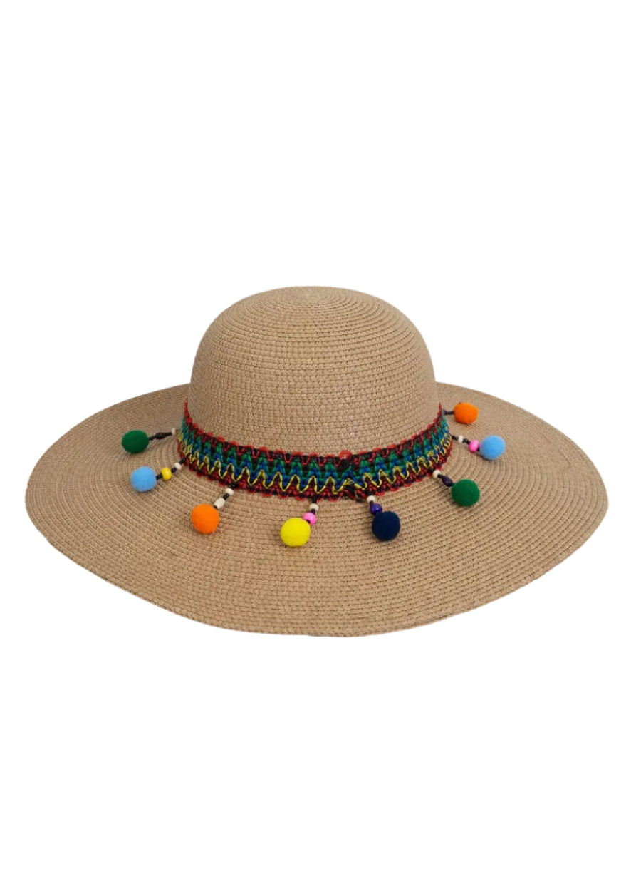 Magid Pom Pom & Tassels Straw Floppy Hat