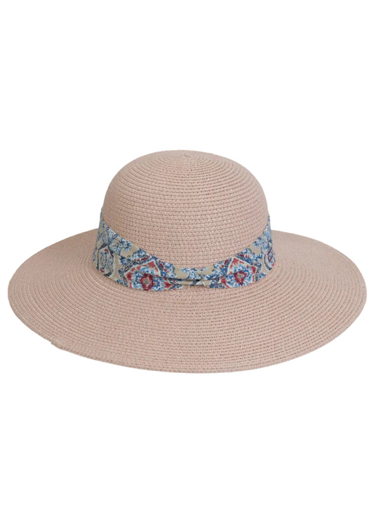 Magid Geometric Print Ribbon Straw Floppy Hat