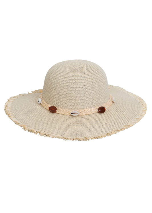 Magid Seashell Beaded Straw Frayed Brim Floppy Hat