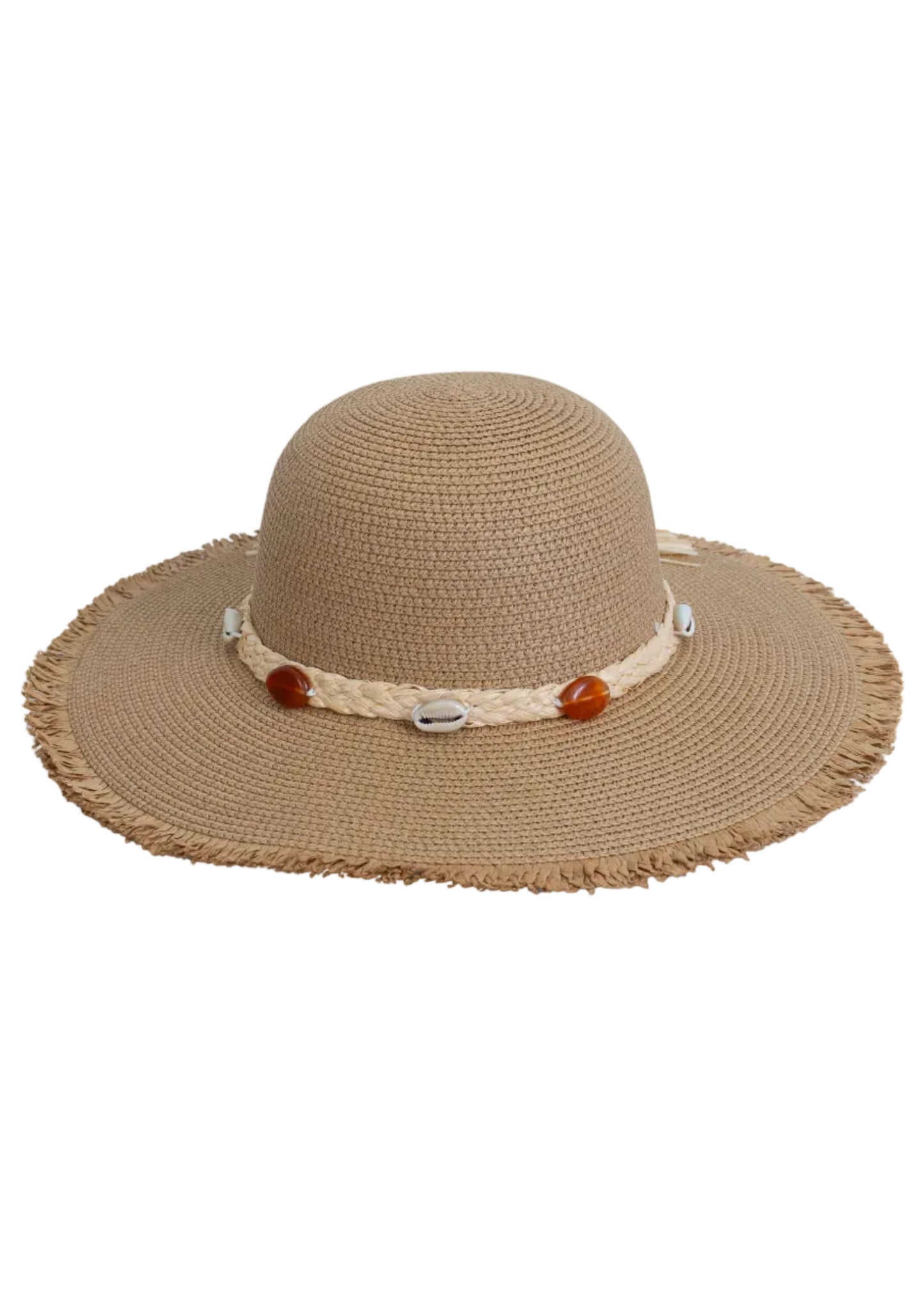 Magid Seashell Beaded Straw Frayed Brim Floppy Hat