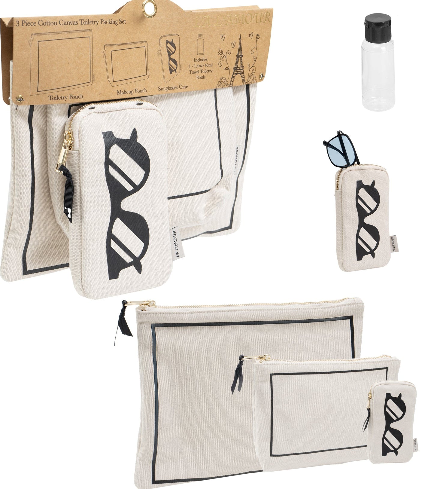 La L'Amour 16oz Cotton Canvas 3 Piece Toiletry Packing Set With Sunglasses Case