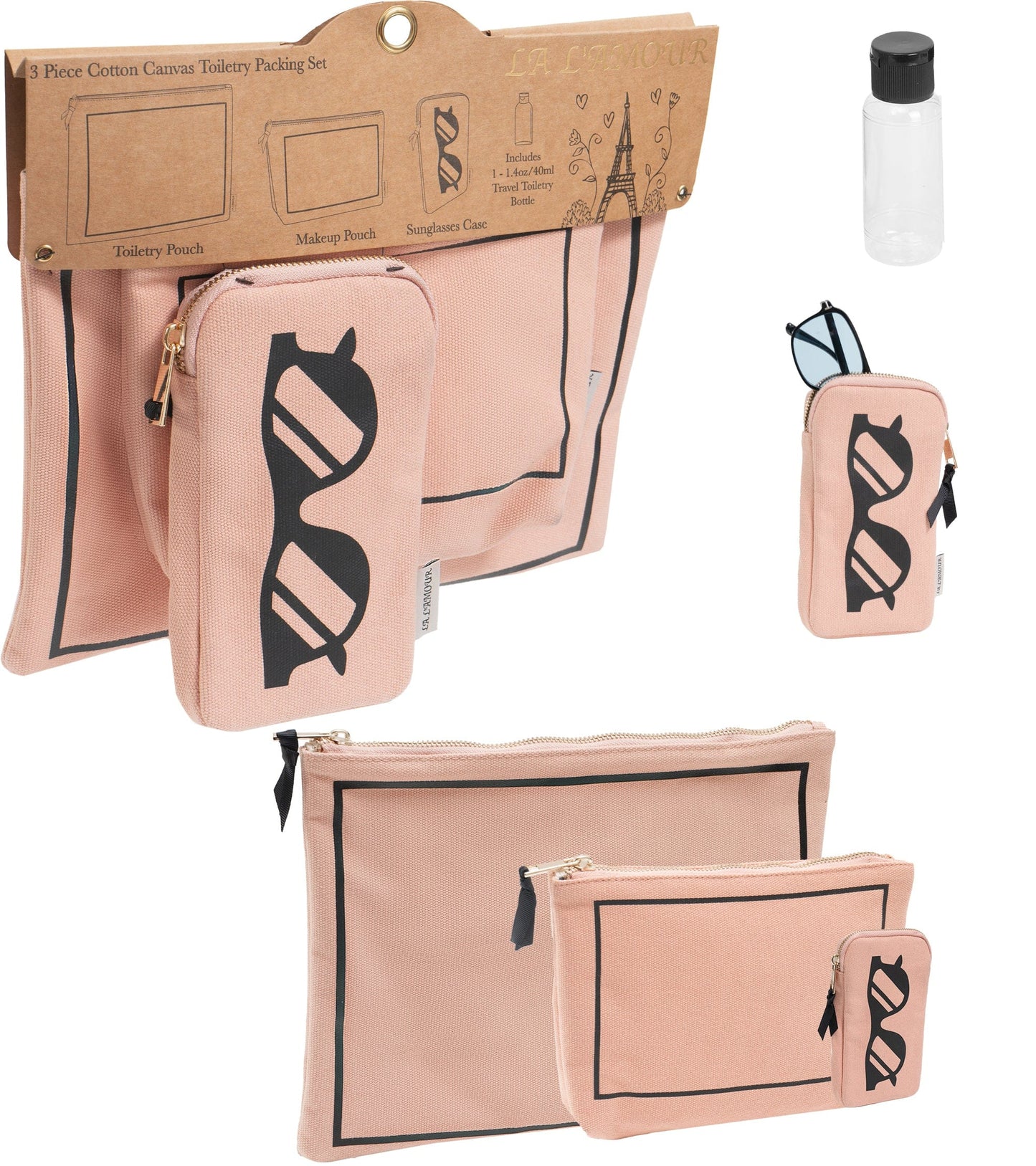 La L'Amour 16oz Cotton Canvas 3 Piece Toiletry Packing Set With Sunglasses Case