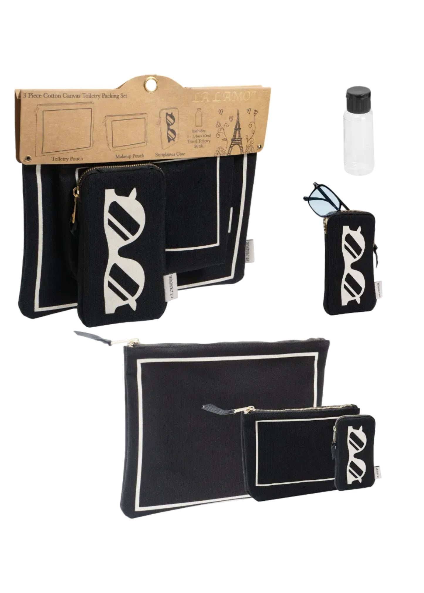 La L'Amour 16oz Cotton Canvas 3 Piece Toiletry Packing Set With Sunglasses Case